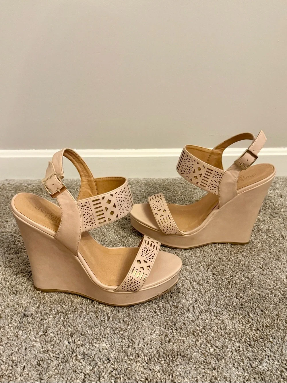 Charlotte Russe Nude Strappy Wedge Sandals, Laser-Cut with Gold Underlay, Size 8